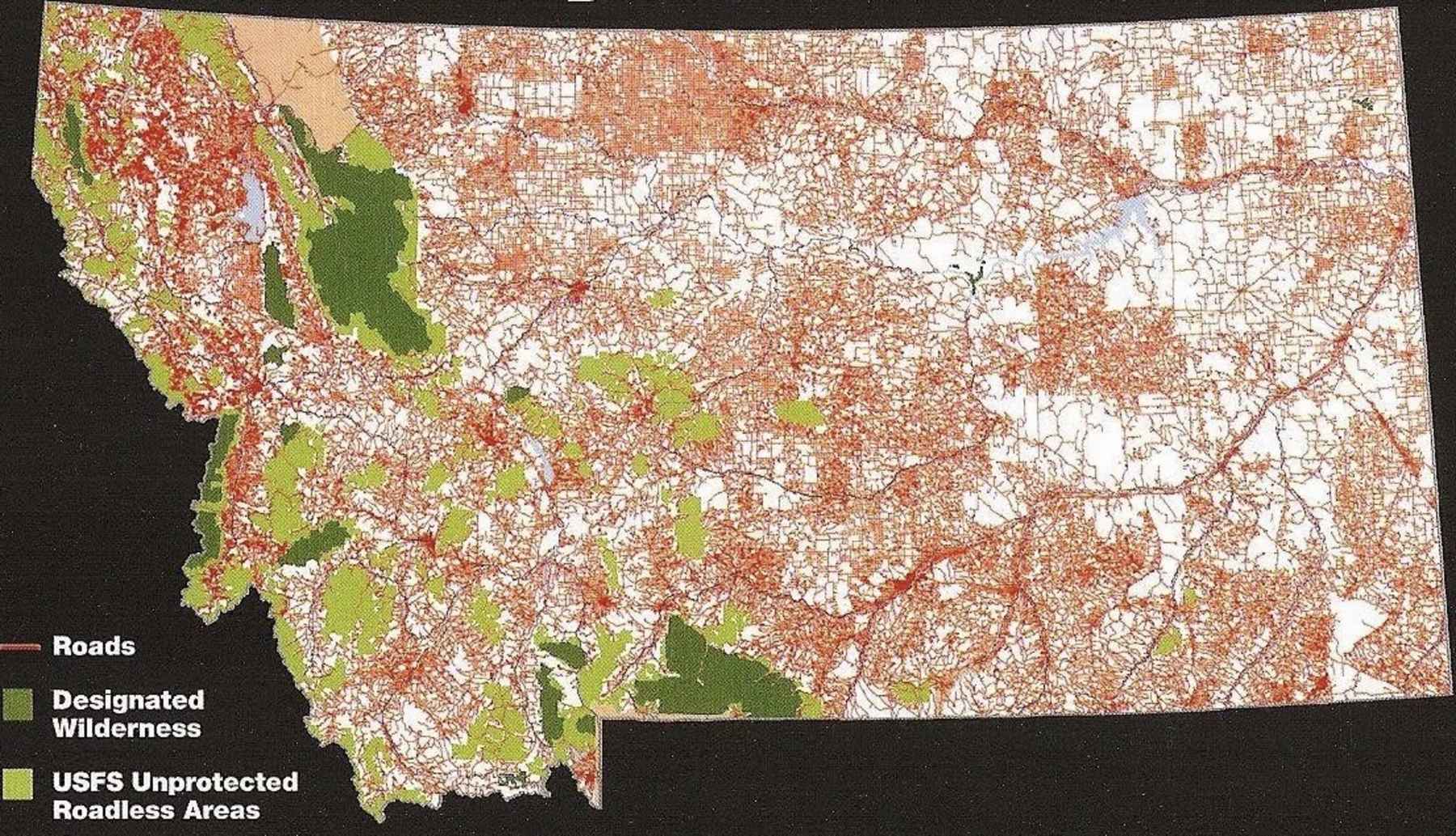 Montana has more than enough roads and not enough water for communities, agriculture, and resilient stream and river ecosystems. Punching roads through existing roadless headwater catchment areas of western and southwestern Montana, shown in light green, threaten them all (image: Wild Montana). Montana has more than enough roads and not enough water for communities, agriculture, and resilient stream and river ecosystems. Punching roads through existing roadless headwater catchment areas of western and southwestern Montana, shown in light green, threaten them all