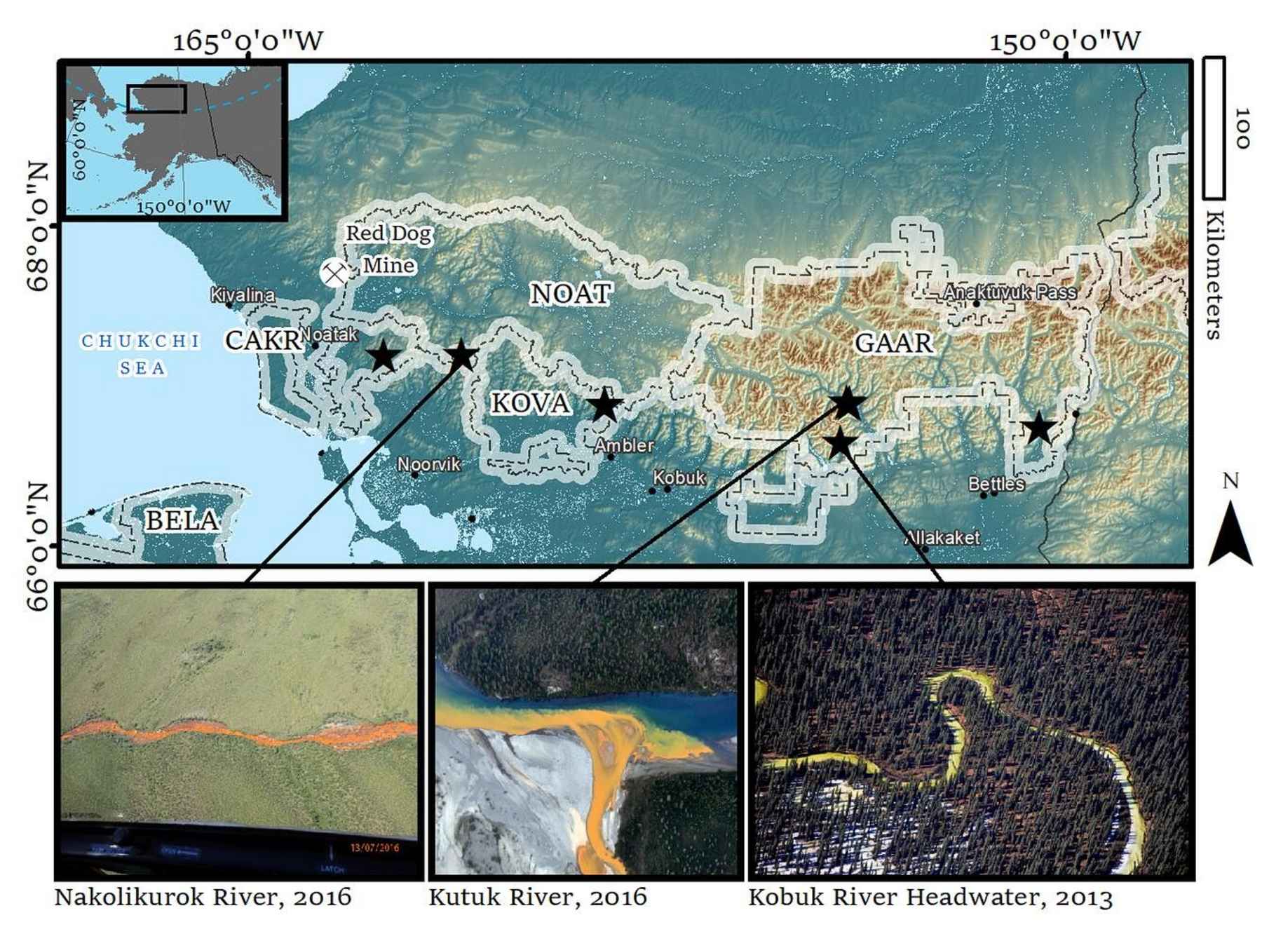 Map of orange stream observations across Arctic Inventory and Monitoring Network (ARCN) parks in northern Alaska. Picture inserts show aerial images of select iron-impacted, orange streams (credit: Carson Baughman, USGS). orange stream map alaska permafrost melt