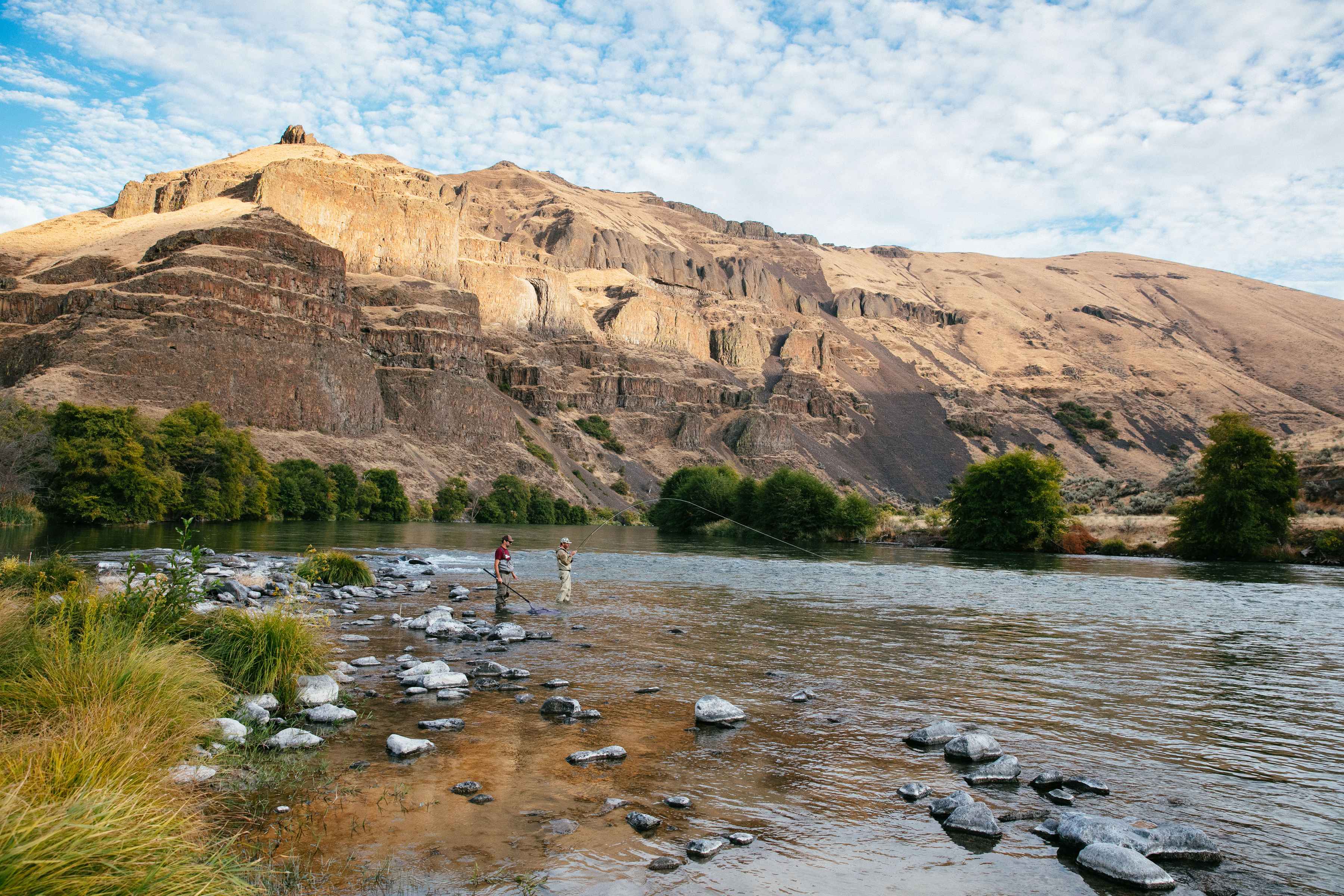 Guide Jeff Hickman waits to net a steelhead for an angler on the lower Deschutes River (photo: Jeremy Koreski). fly fishing steelhead deschutes river