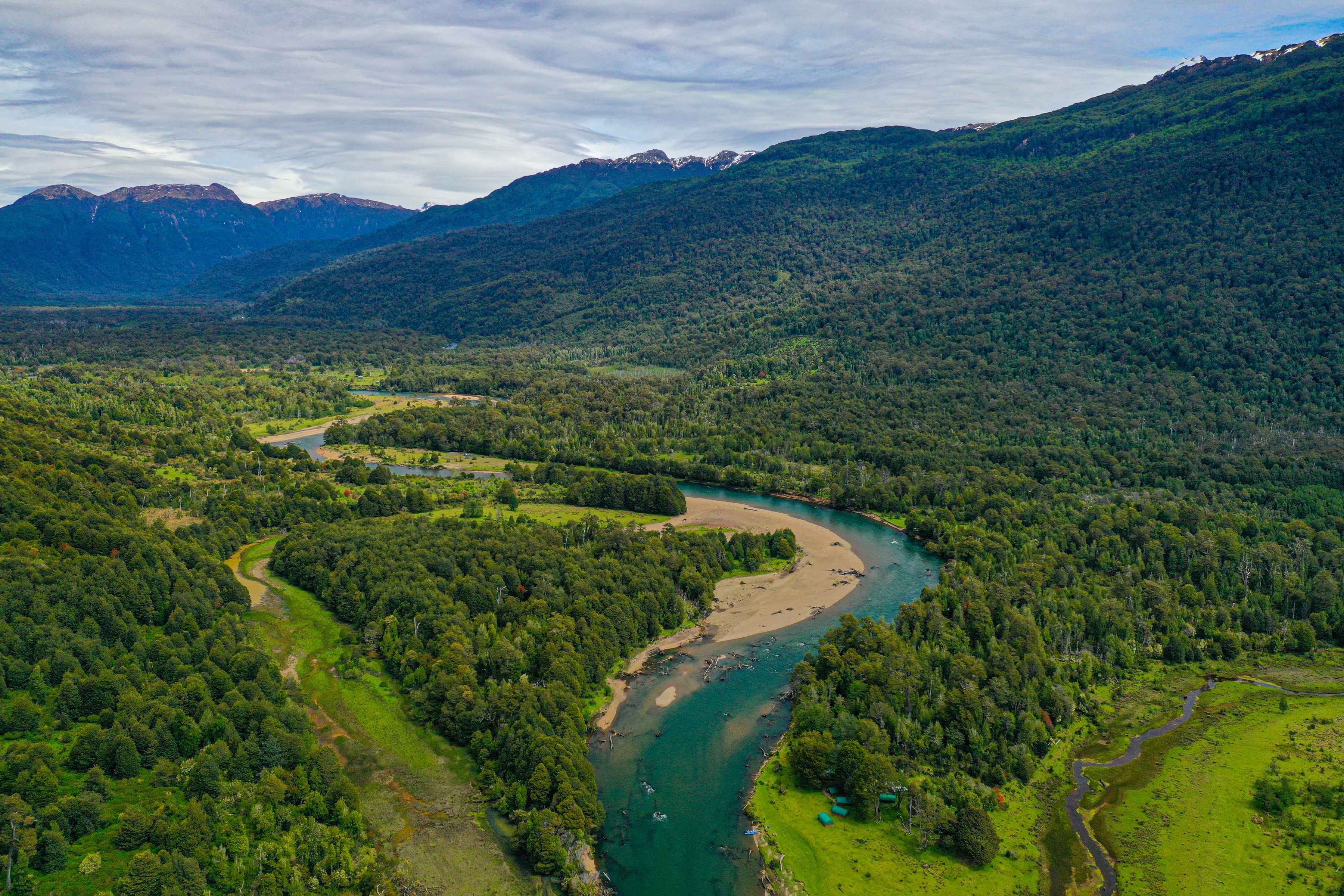 The River of Dreams Basecamp, at the confluence of the Rio Blanco and Paradise Spring creek, as seen from the air (photo: Chad Shmukler). The River of Dreams Basecamp