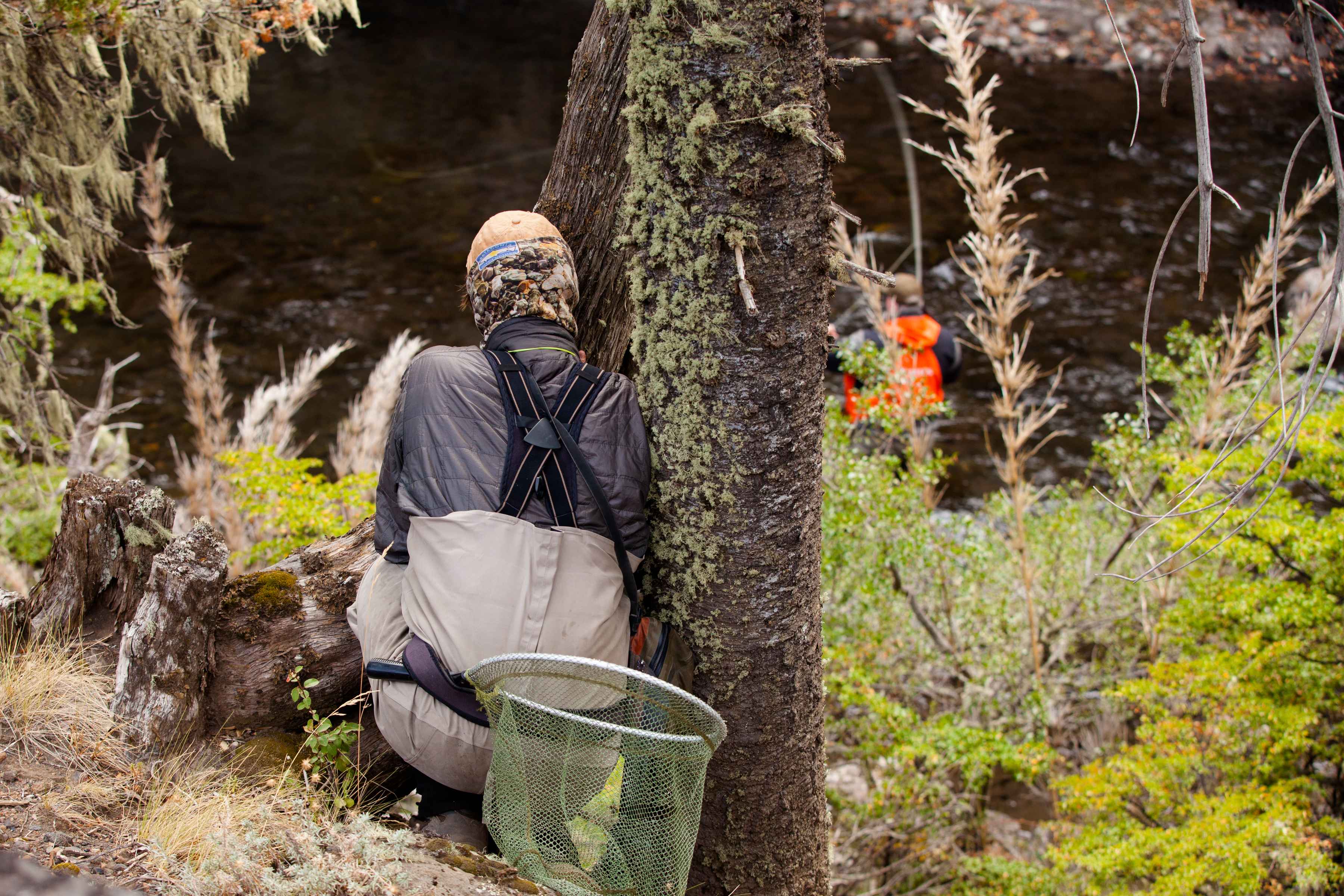 Guide Peter spots trout on the upper Malleo while angler Chris Hunt prepares to cast (photo: Chad Shmukler). Fly Fishing Upper Malleo River - Patagonia, Argentina