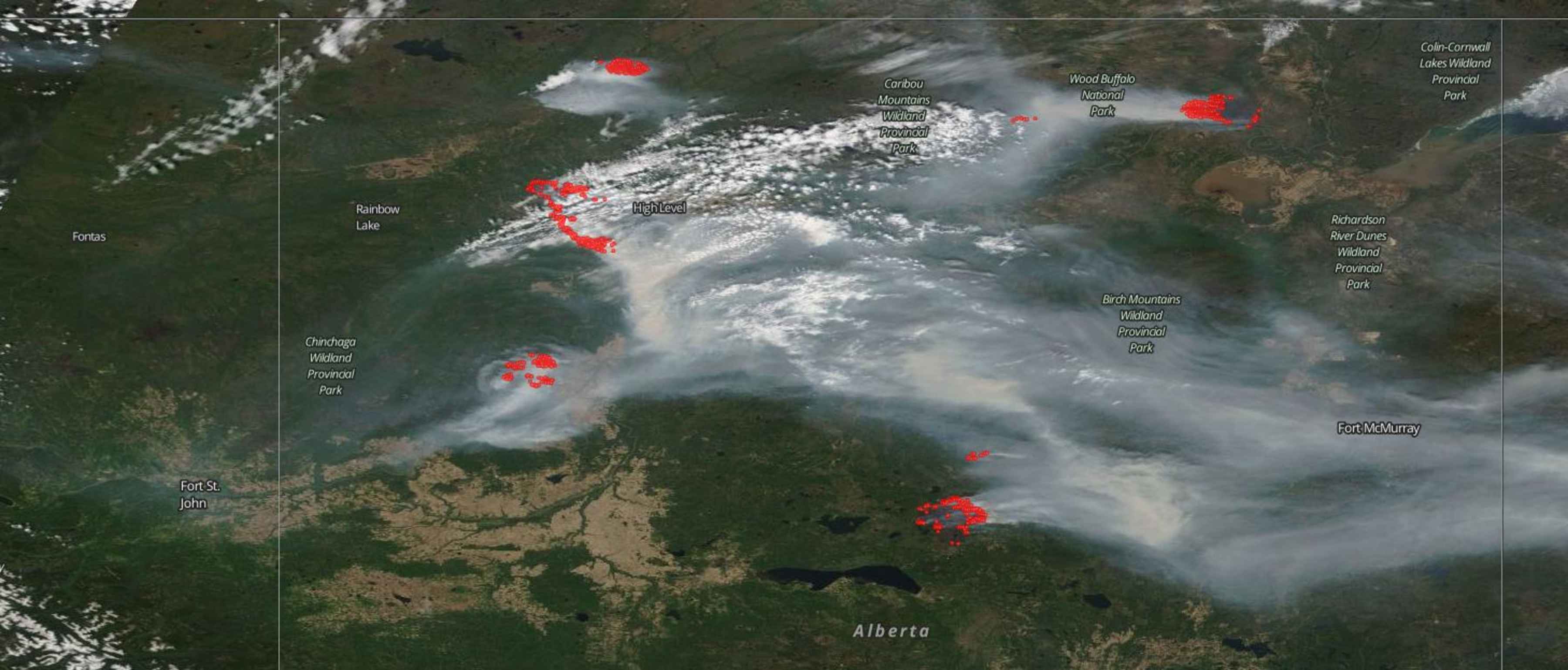 Terra Satellite image showing Alberta's early season wildfires. NASA notes, "Alberta, Canada has been experiencing a very difficult fire season already which began on March 1. The entire province looks as though it is completely engulfed in smoke" (Image: NASA). Terra satellite alberta wildfires 2019