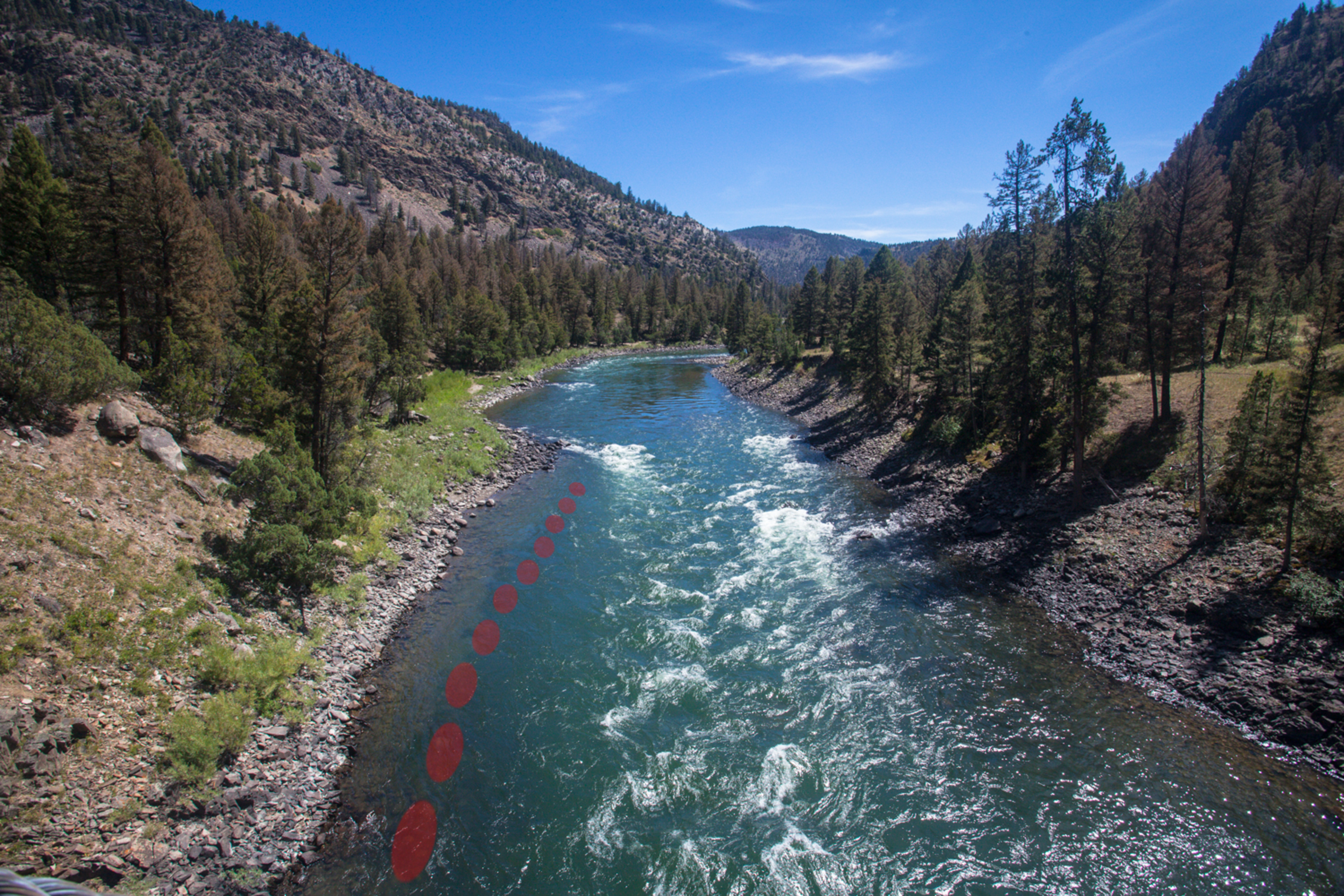 A not-so-secret secret river (red dots) on the Yellowstone, inside Yellowstone National Park (photo: Chad Shmukler). Yellowstone River: Yellowstone National Park