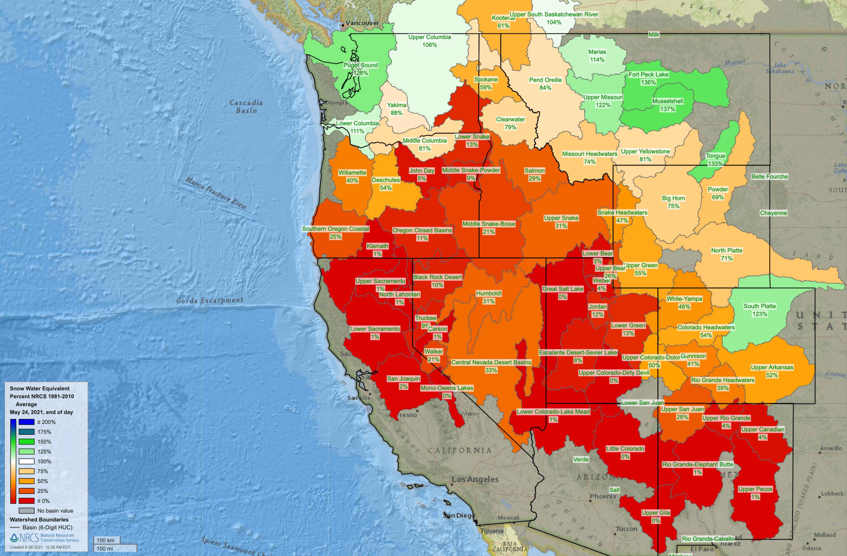 Current U.S. snowpack levels as of May 24, 2021 as compared to 1981-2010 averages. Only monitoring stations with at least a 20-year record are included (credit: NRCS/NOAA). us snowpack levels may 2021