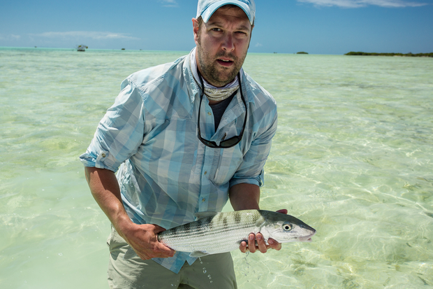 Take the plunge and you too can be as happy as this elated angler. (photo: Brock Siegel) Anegada Bonefish