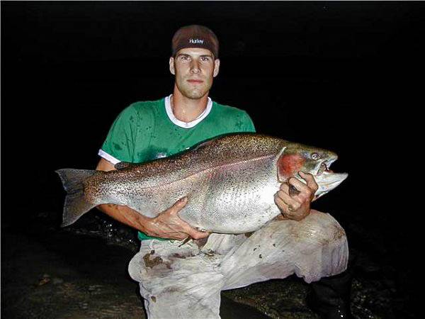 Adam Konrad with his 43-pound, 10-ounce triploid rainbow trout that escaped from a fish farm on Saskatchewans Lake Diefenbaker. This was the IGFAs official world record until Adams brother, Sean, beat it in 2009 with a 48-pound escapee from the same fish farm - the current IGFA world record (photo: Uncredited). Adam konrad 43 pound trout