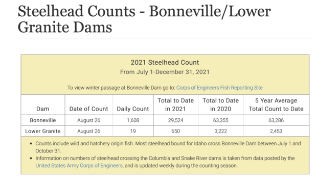Steelhead return counts at the Bonneville and Lower Granite Dams (credit: U.S. Army Corps of Engineers). Steelhead return counts at the Bonneville and Lower Granite Dams