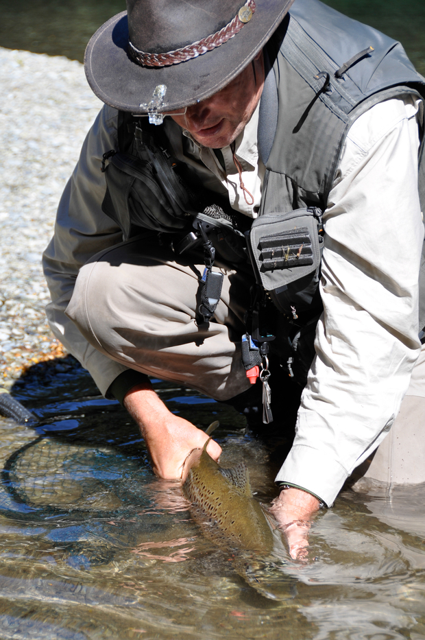 Van da Loo release the ice-breaking New Zealand brown of almost 8 pounds. New Zealand brown trout